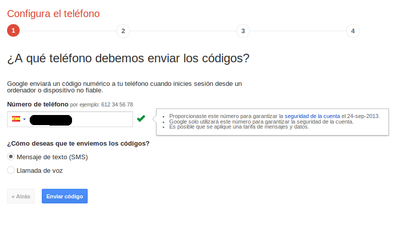 Configurar numero teléfono Google